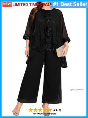 Plus Size 3 Piece Sequin Chiffon Pantsuit Wedding Mother of Bride Set
